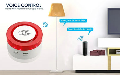 Wireless smart home security system with WiFi siren, door contact, and PIR sensor for home alarm protection.