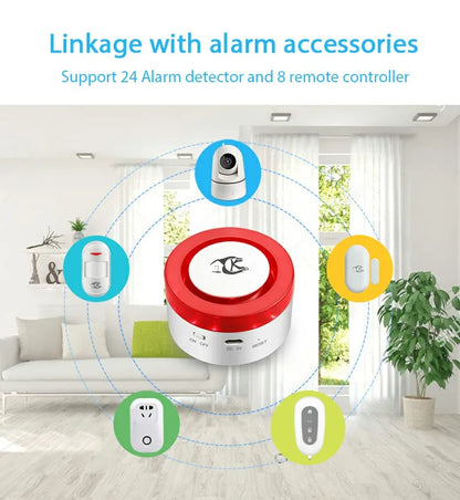 Wireless WiFi smart home security system with siren, door contact, and PIR sensor for home alarm protection.