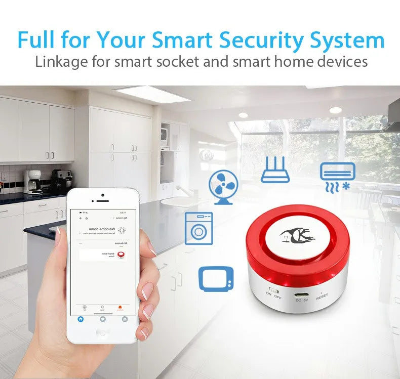 Wireless smart home security system with WiFi siren, door contact, and PIR sensor for home alarm protection.