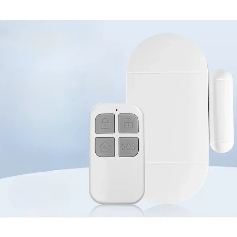 Wireless smart home security system with magnetic door/window sensor and remote alarm for garage entry security.
