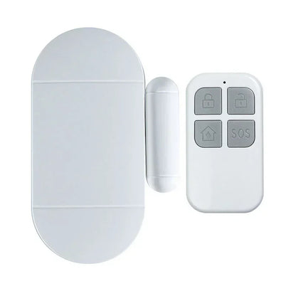Wireless smart home security system with magnetic door/window sensor, remote alarm, ideal for garage security.