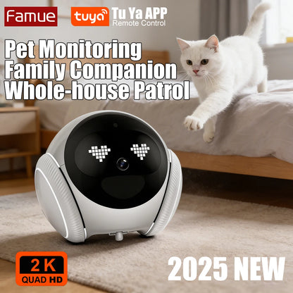 Smart robot home security camera with infrared night vision, 2-way audio, AI motion detection, and 2.4G/5G WiFi connectivity.