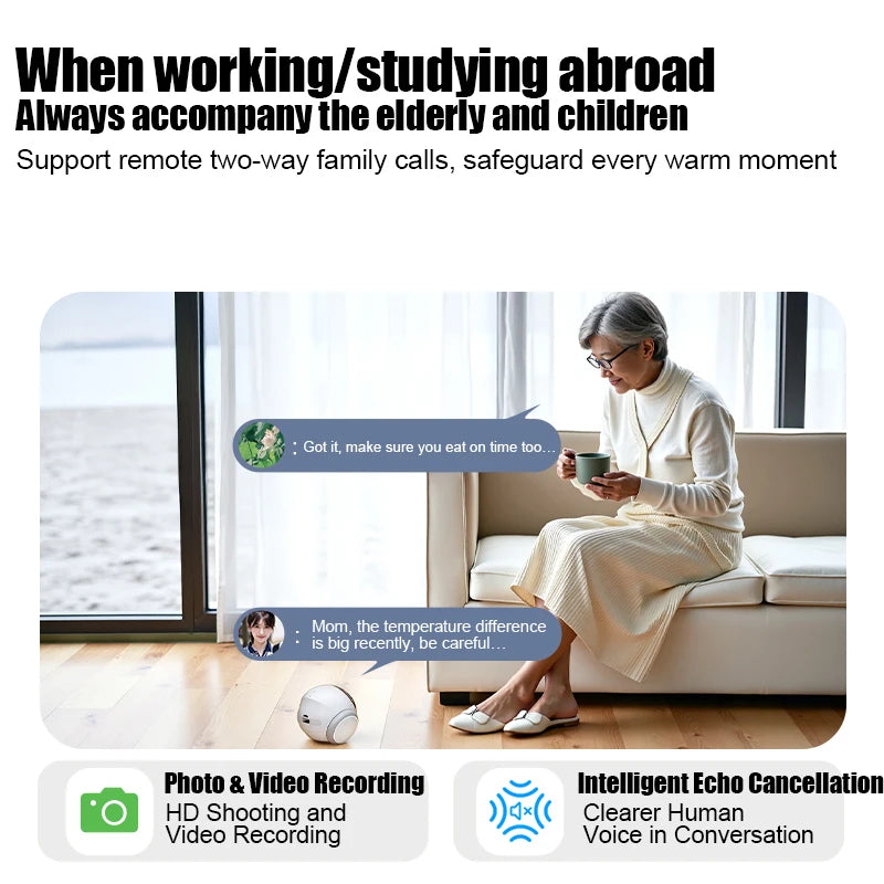 Smart robot home security camera with infrared night vision, 2-way audio, AI motion detection, and WiFi connectivity.