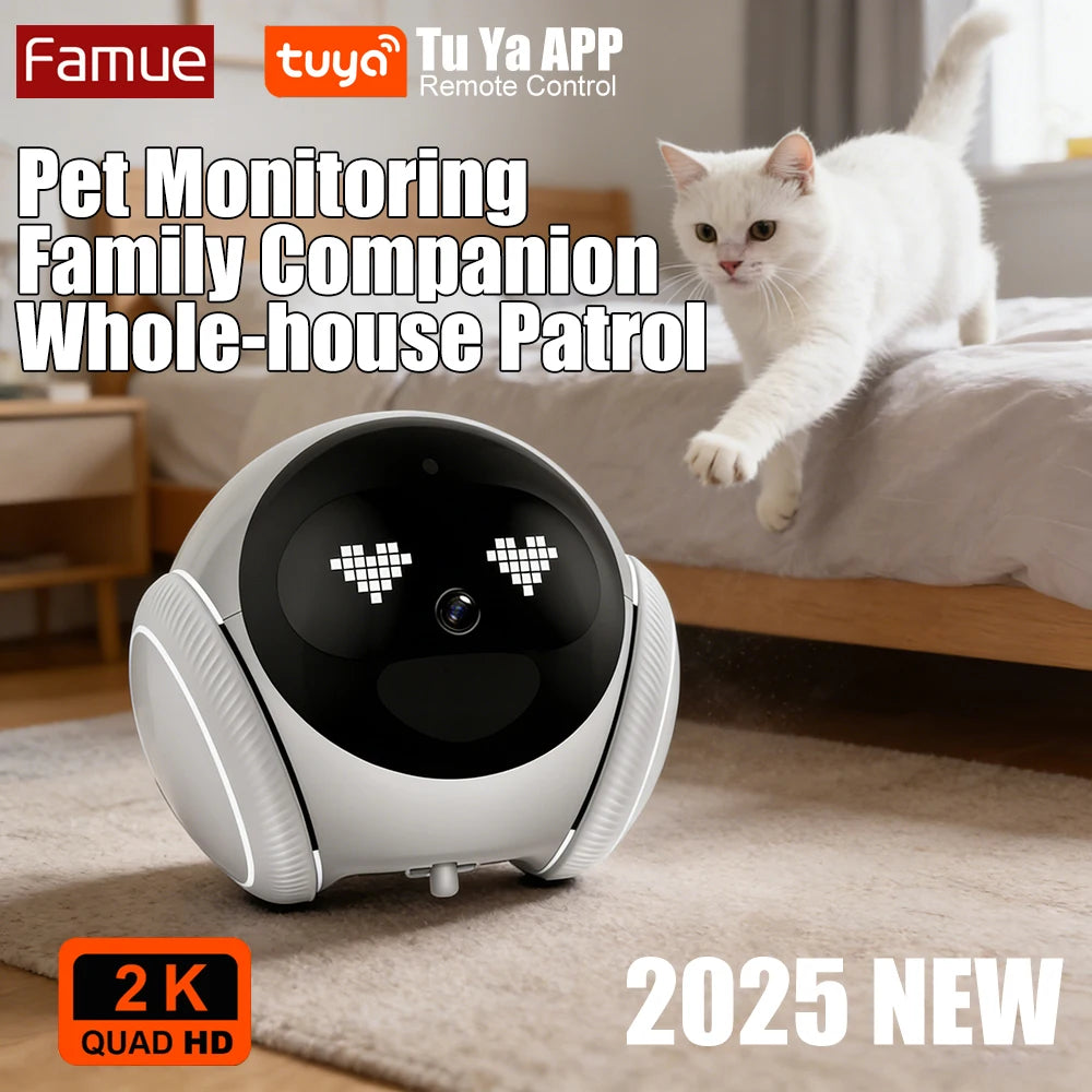 Smart home security robot camera with infrared night vision, 2-way audio, AI motion detection, and WiFi connectivity.