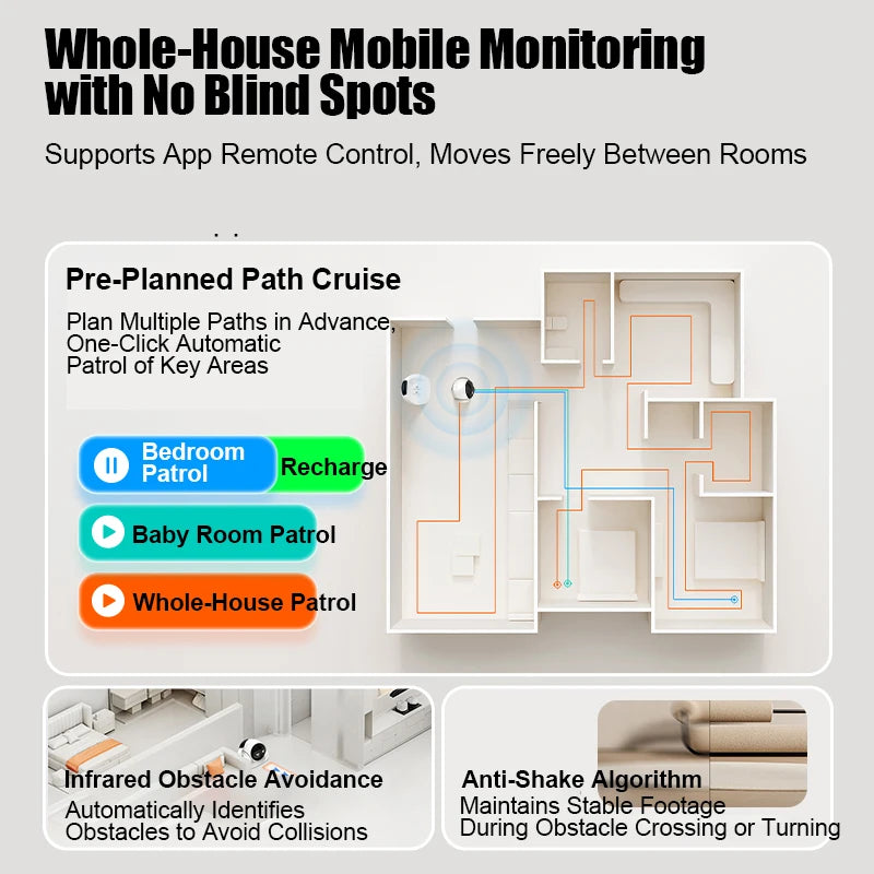 Smart home security robot camera with infrared night vision, 2-way audio, AI motion detection, and WiFi connectivity.