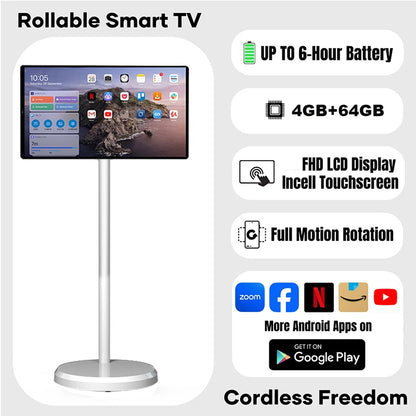 21.5-inch portable smart TV with rollable touch screen, digital signage display, and sleek design for mobile entertainment and signage.