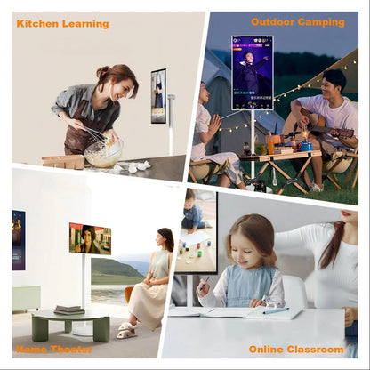 21.5-inch portable smart TV with rollable touch screen, digital signage display, and compact design for mobile use.