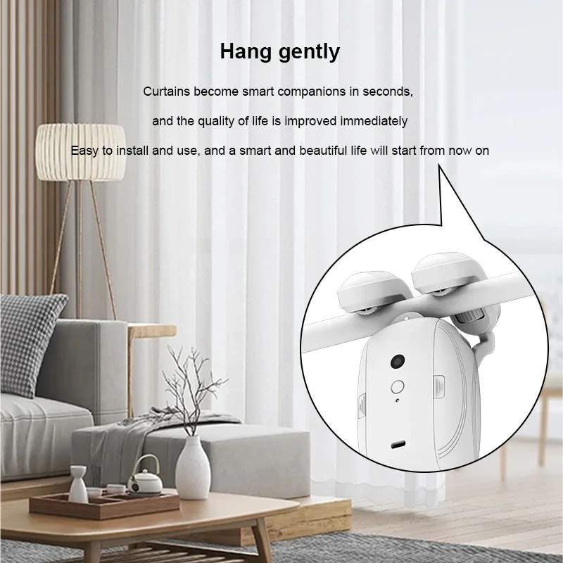 Smart WiFi motorized curtain control system with app and voice remote, pushes up to 8kg drapes for home automation.