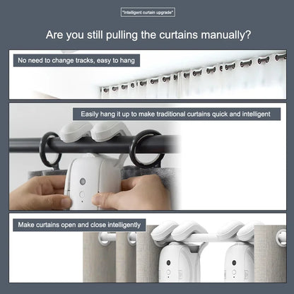 Smart WiFi motorized curtain control system with app and voice remote, pushes up to 8kg drapes for home automation.