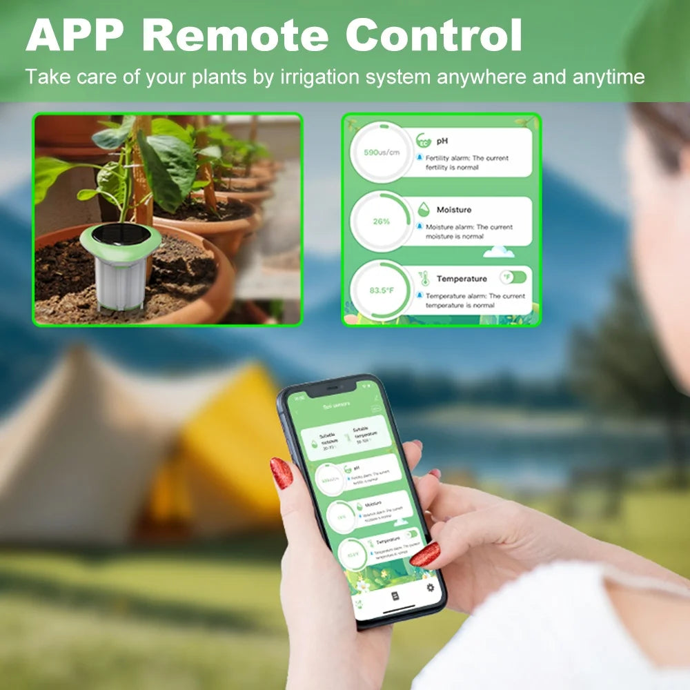Wireless smart WiFi soil tester sensor by BackupMyFilesNow.com showing moisture, temperature, and humidity readings with waterproof design.