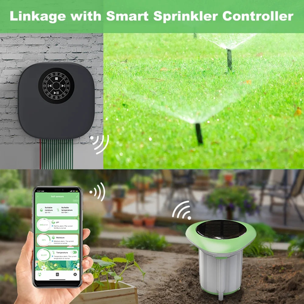 Smart WiFi solar soil tester sensor measuring moisture, temperature, and humidity, waterproof with battery, compatible with Tuya app.