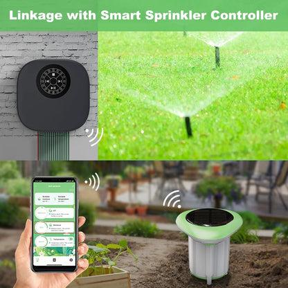 Smart WiFi solar soil tester sensor measuring moisture, temperature, and humidity, waterproof with battery, compatible with Tuya app.