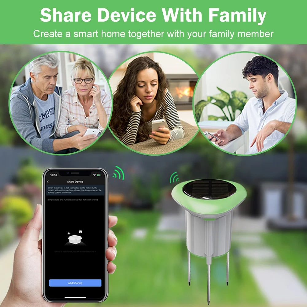 Smart WiFi solar soil tester sensor showing moisture, temperature, and humidity levels, waterproof with battery and app connectivity.