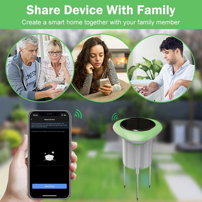 Smart WiFi solar soil tester sensor showing moisture, temperature, and humidity levels, waterproof with battery and app connectivity.