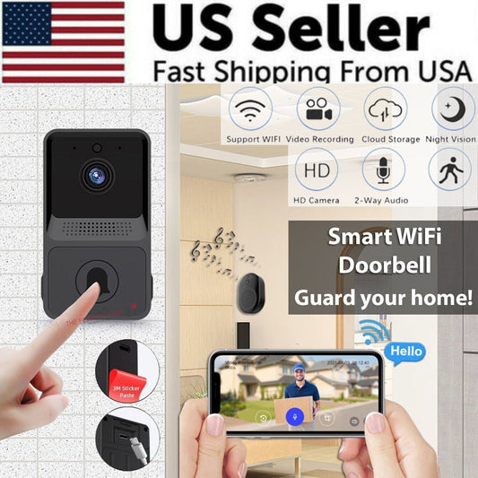 Wireless WiFi doorbell with video camera and intercom, featuring smart security and ringing chime for home security.
