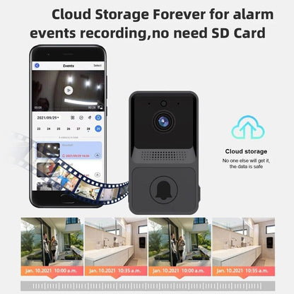 Wireless WiFi doorbell with video camera and intercom, providing security and ring chime for home entry.