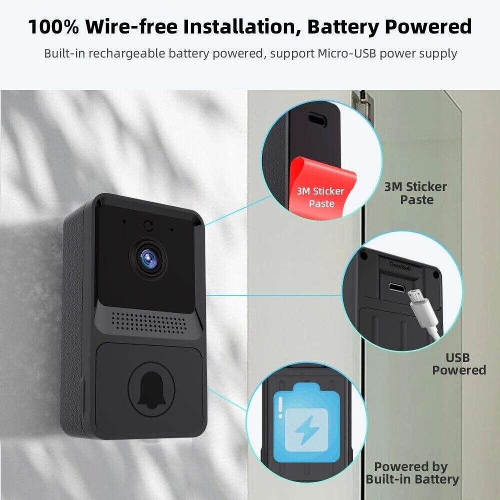 Wireless WiFi doorbell with video camera, intercom, and chime for home security and door monitoring.