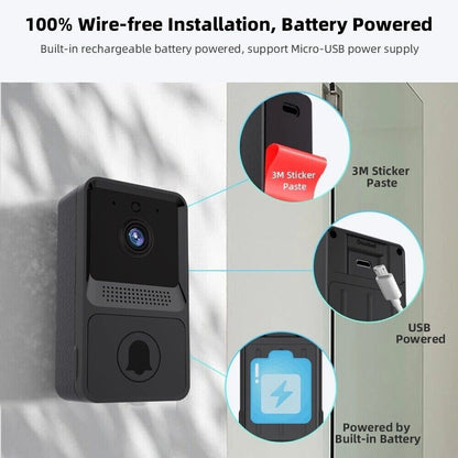 Wireless WiFi doorbell with video camera, intercom, and chime for home security and door monitoring.