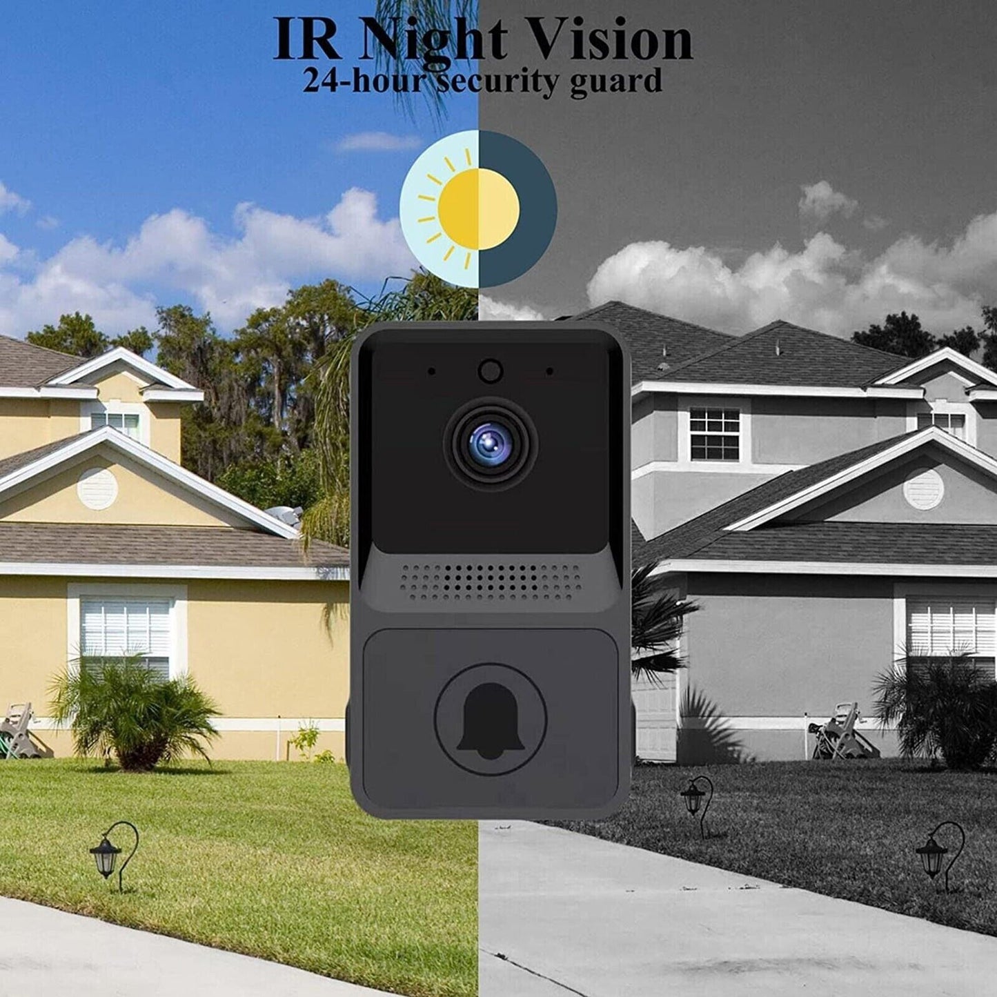 Smart wireless WiFi doorbell with video camera, intercom, and security chime for home security and visitor monitoring.