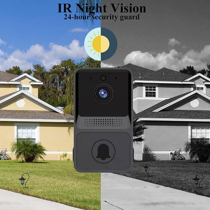 Smart wireless WiFi doorbell with video camera, intercom, and security chime for home security and visitor monitoring.
