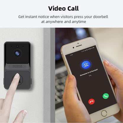 Wireless WiFi doorbell with video camera and intercom, providing security and doorbell chime functionality.