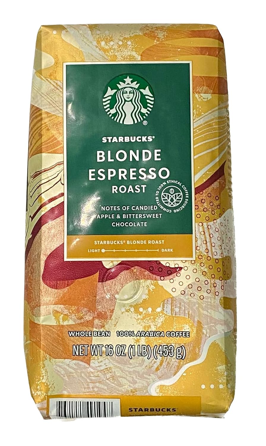 Starbucks Blonde Espresso Roast whole bean coffee in 1 lb bag, light roast, showing golden-brown beans with a smooth surface.
