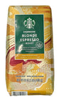 Starbucks Blonde Espresso Roast whole bean coffee in 1 lb bag, light roast, showing golden-brown beans with a smooth surface.