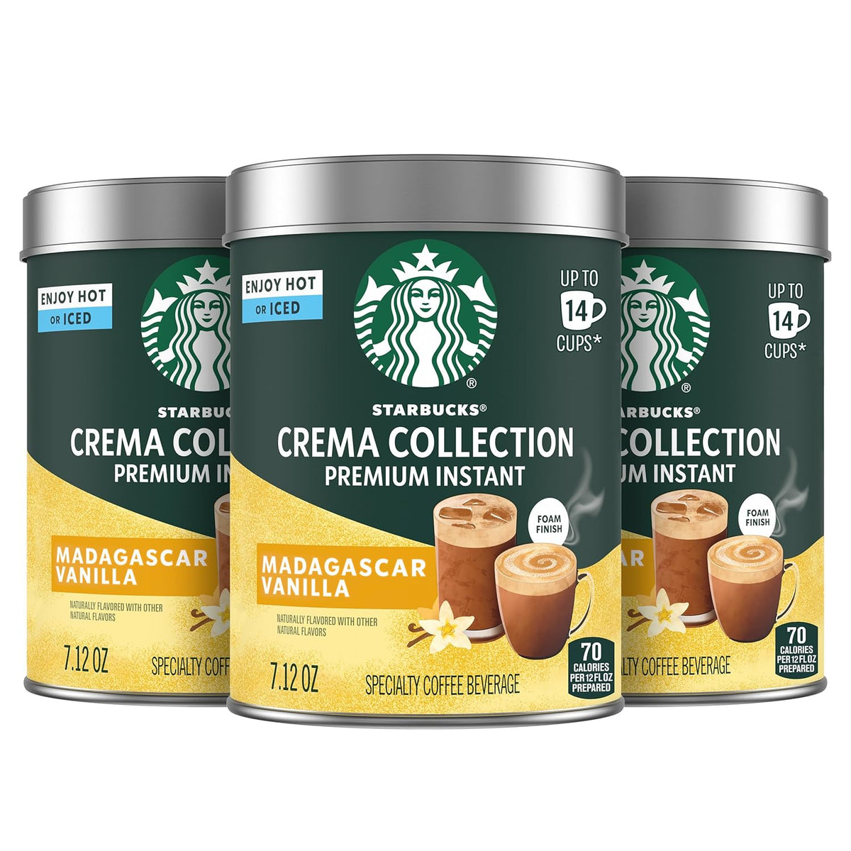Starbucks Crema Collection Madagascar Vanilla flavored instant coffee tins with 100% Arabica beans, three 7.12 oz tins.