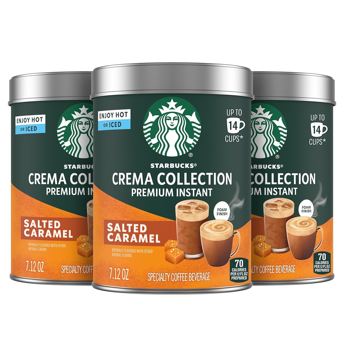 Starbucks Crema Collection salted caramel flavored instant coffee in three 7.12 oz tins made with 100% Arabica beans