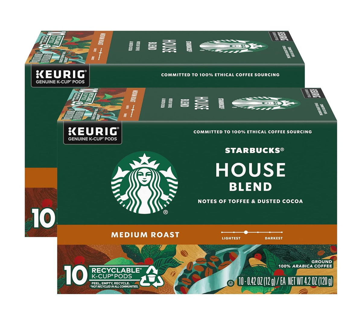 Starbucks House Blend Coffee K-Cup Pods, medium roast Arabica coffee, 10-count packs, two boxes, for Keurig brewers