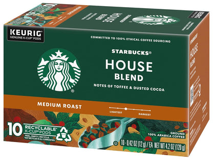 Starbucks House Blend Coffee K-Cup pods, medium roast Arabica coffee, 10-count boxes, for Keurig brewing machines.