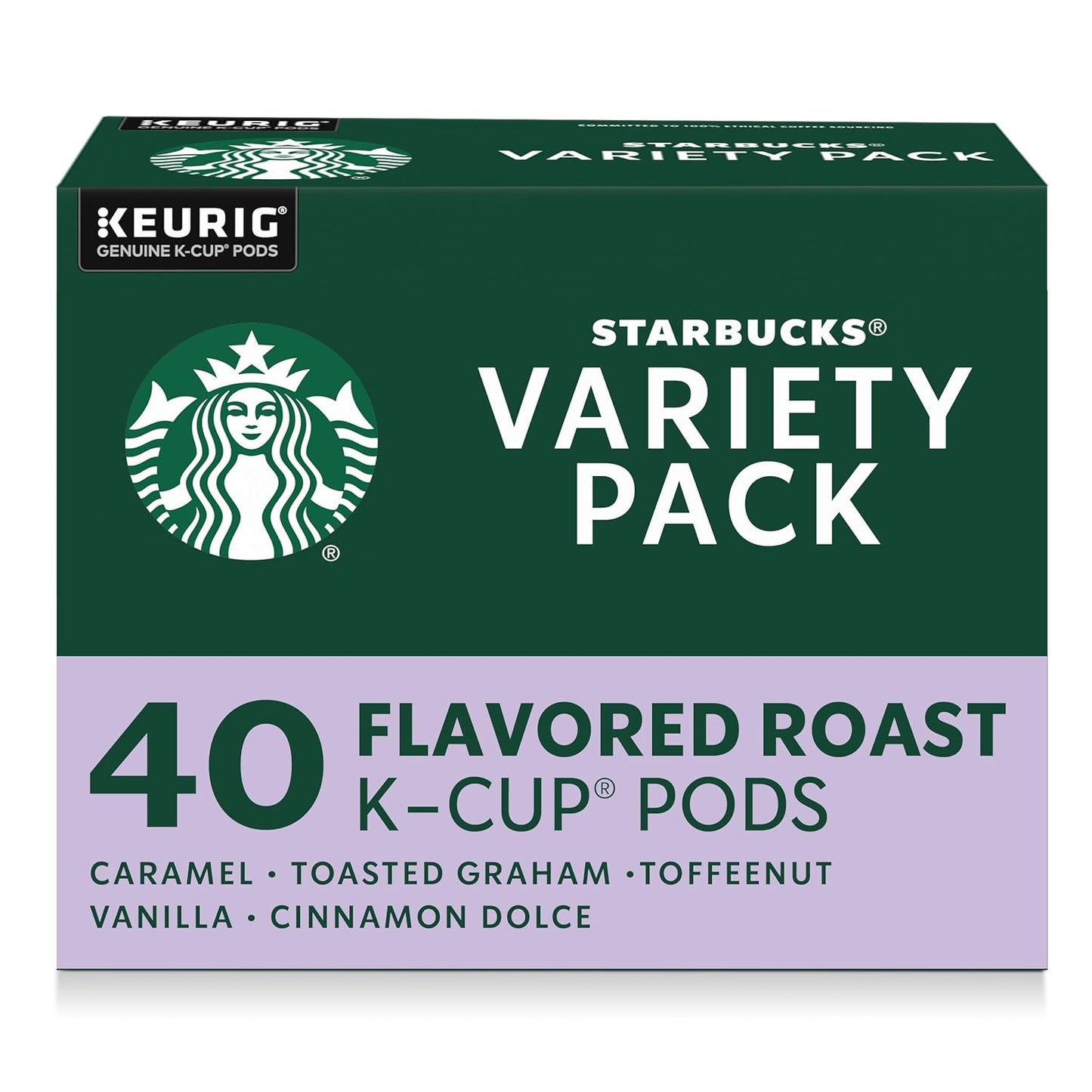 Starbucks K-Cup coffee pods, flavored hot or iced, variety pack with 40 Keurig-compatible capsules for brewing.