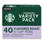 Starbucks K-Cup coffee pods, flavored hot or iced, variety pack with 40 Keurig-compatible capsules for brewing.