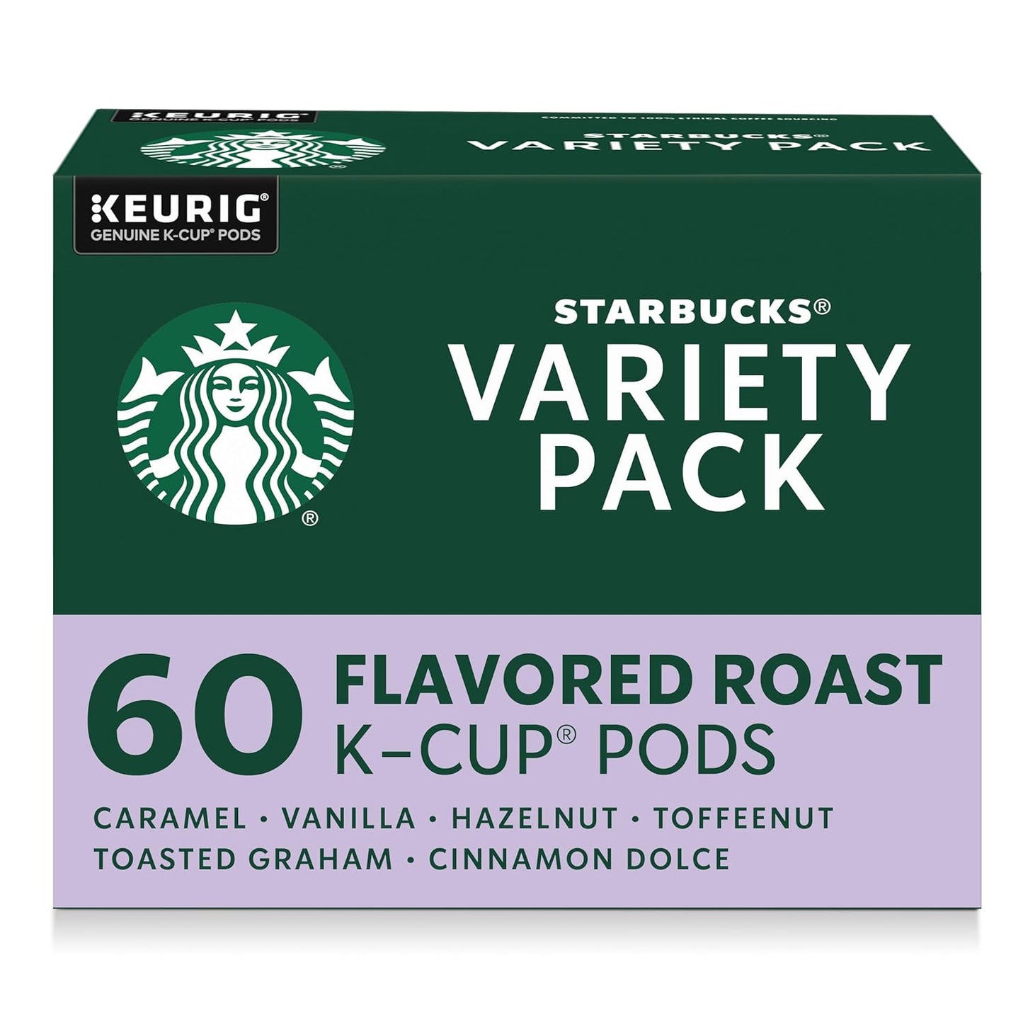 Starbucks K-Cup coffee pods variety pack featuring flavored hot and iced coffee for Keurig brewers, 60-count.