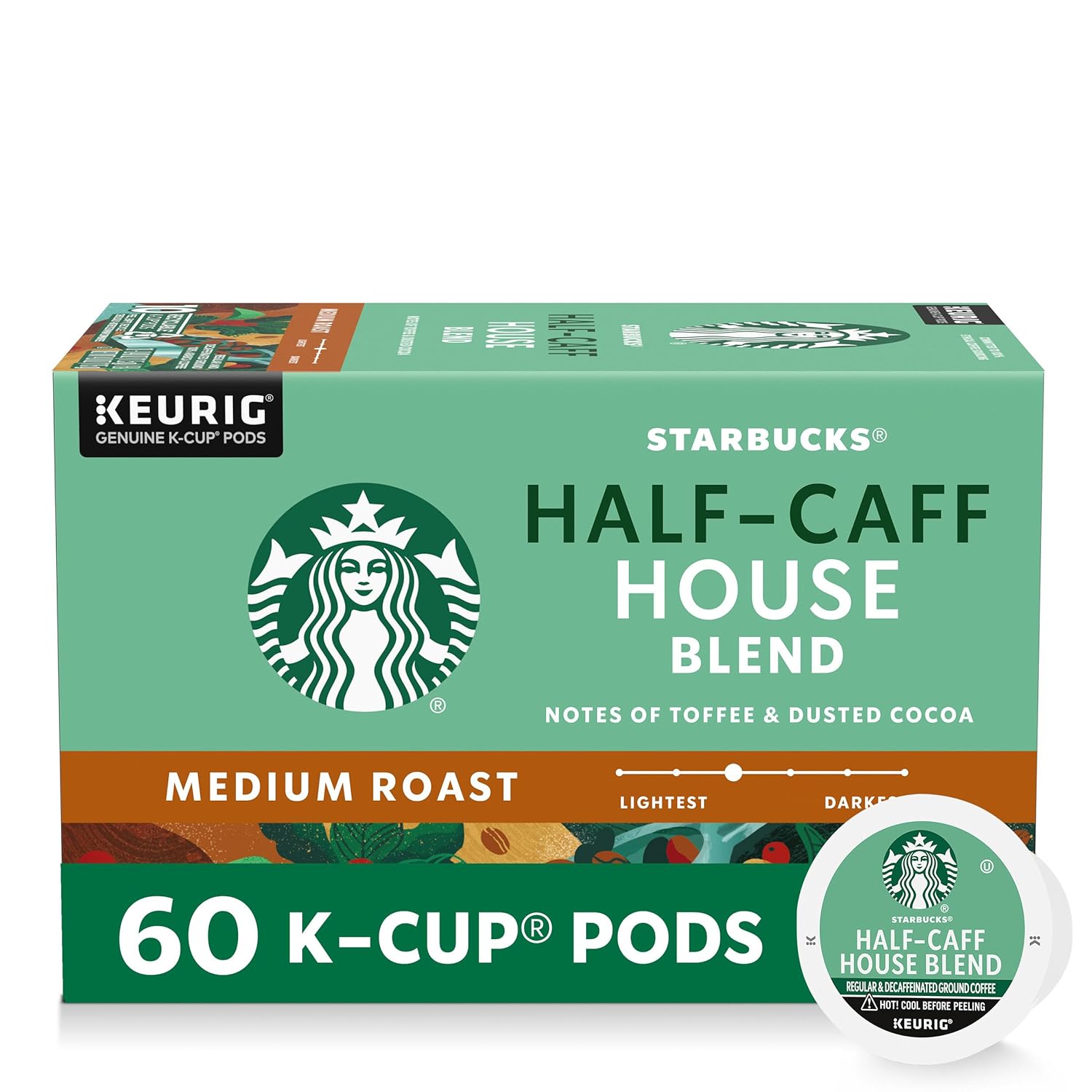 Starbucks K-Cup coffee pods, medium roast half-caff house blend, for Keurig machines, 60 single-serve coffee pods.