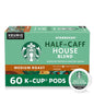 Starbucks K-Cup coffee pods, medium roast half-caff house blend, for Keurig machines, 60 single-serve coffee pods.