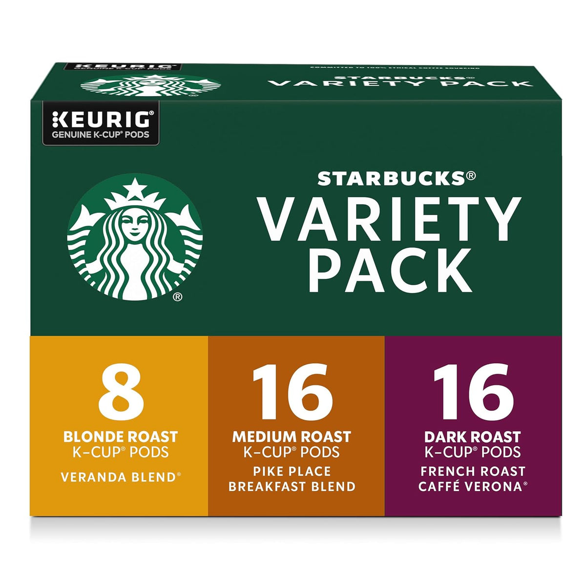Starbucks Blonde K-Cup coffee pods variety pack with medium and dark roasts for hot or iced coffee, 40 Keurig-compatible pods.