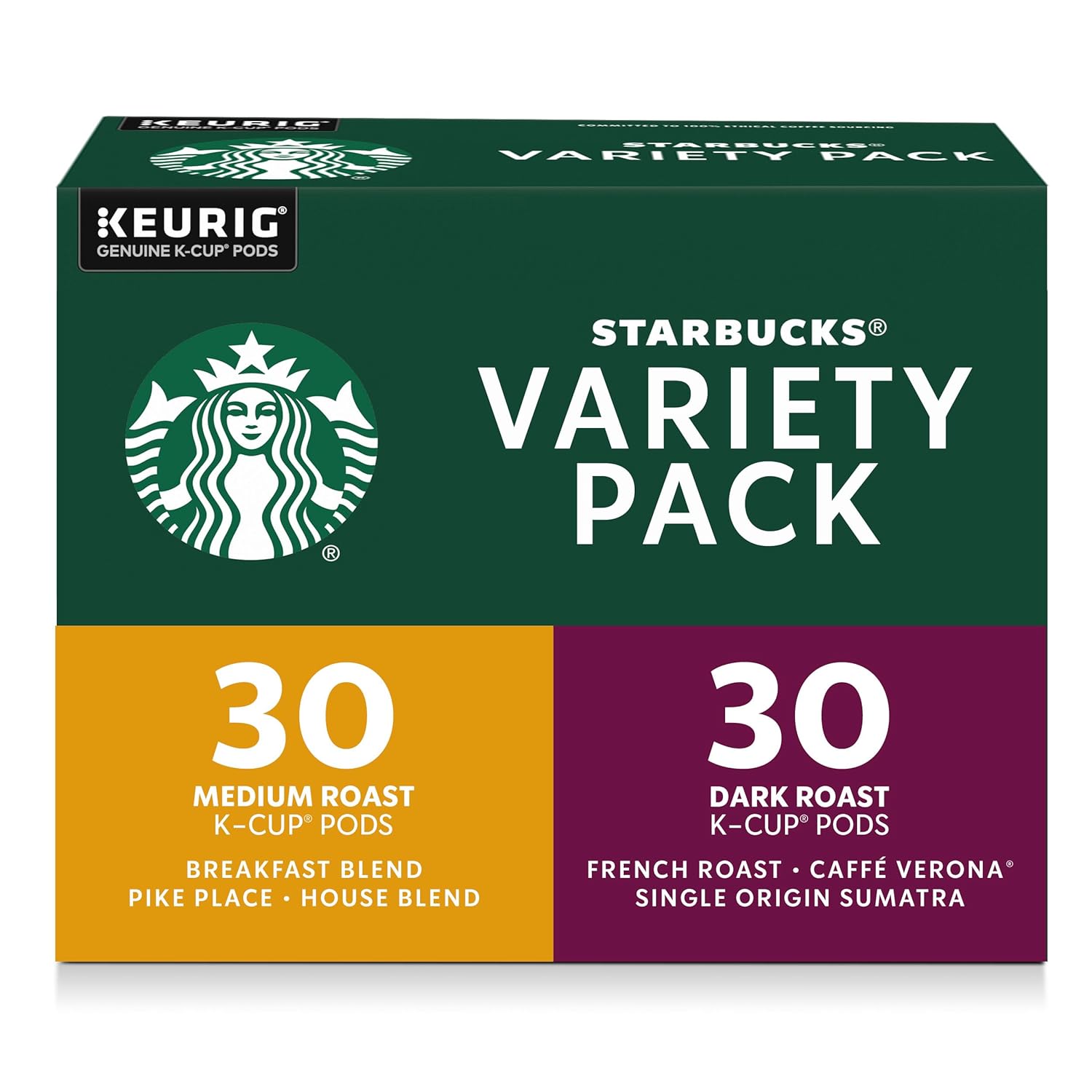 Starbucks Blonde K-Cup coffee pods variety pack with medium and dark roast for hot or iced coffee, 60 Keurig-compatible pods.