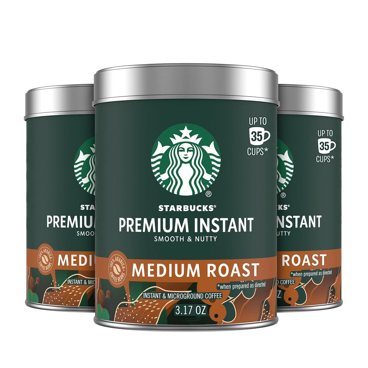 Three 3.17 oz tins of Starbucks Premium Instant Coffee with medium roast Arabica beans on a plain background.