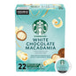 Starbucks White Chocolate Macadamia ground coffee K-Cup pods in a 22-count box, 7.9oz, with coffee grounds and packaging visible.