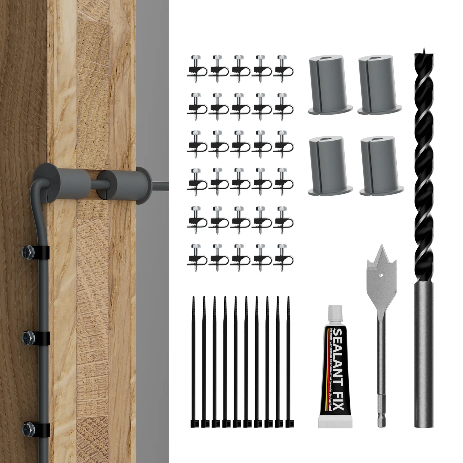 Starlink Cable Routing Kit for Gen 2 and Gen 3 with grommets and pass-through tools for roof and wall mounting installation.