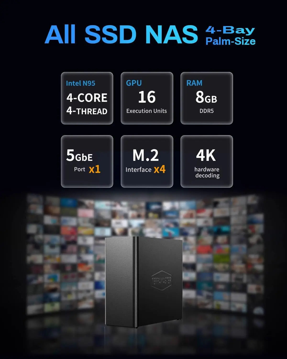 Terramaster F4 SSD 4-Bay NAS storage server with quad-core CPU, 8GB DDR5 RAM, and 5GbE network port.
