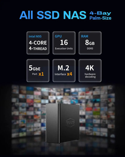 Terramaster F4 SSD 4-Bay NAS storage server with quad-core CPU, 8GB DDR5 RAM, and 5GbE network port.