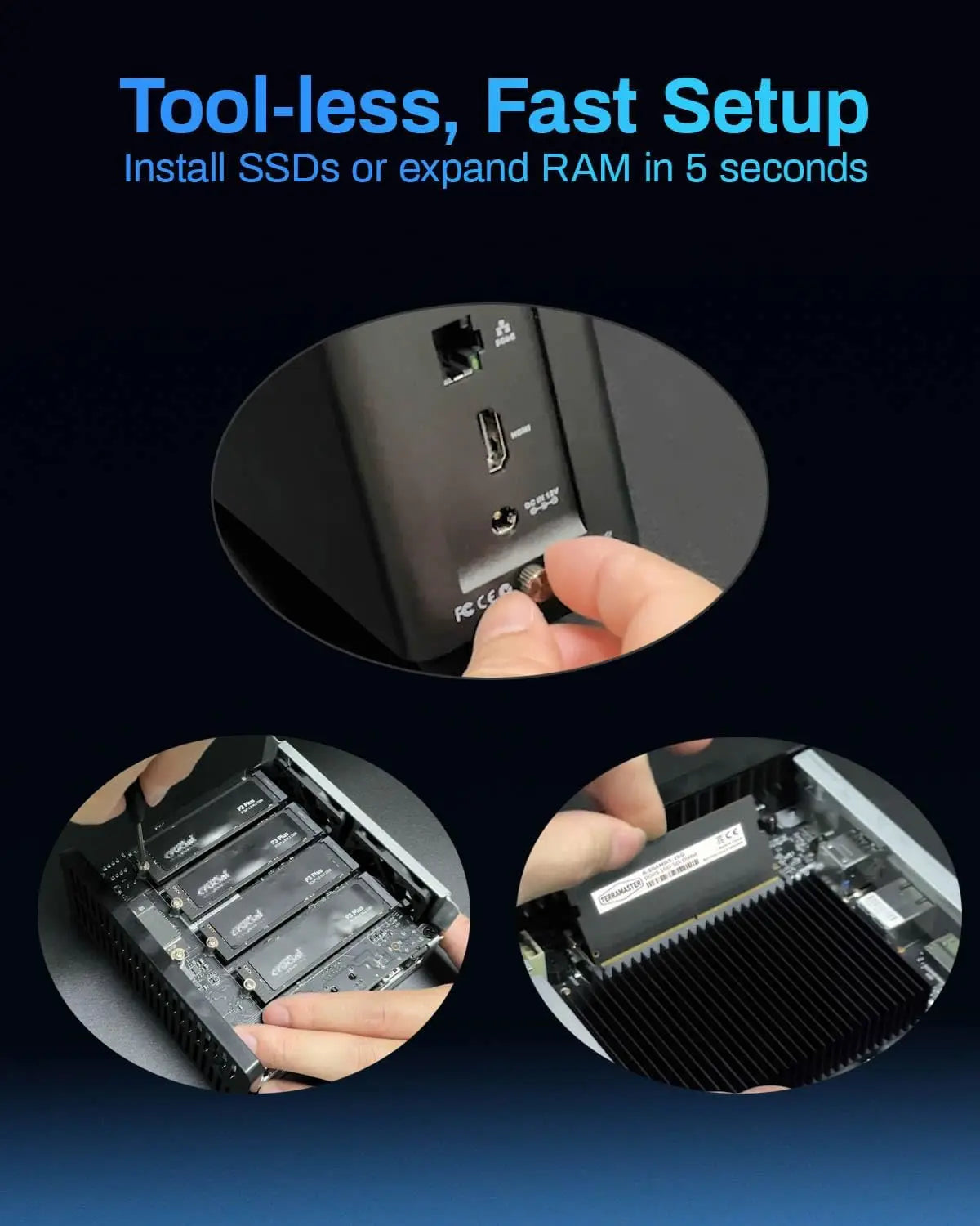 Terramaster F4 SSD 4-bay NAS storage server with quad-core CPU, 8GB DDR5 RAM, and 5GbE network port.