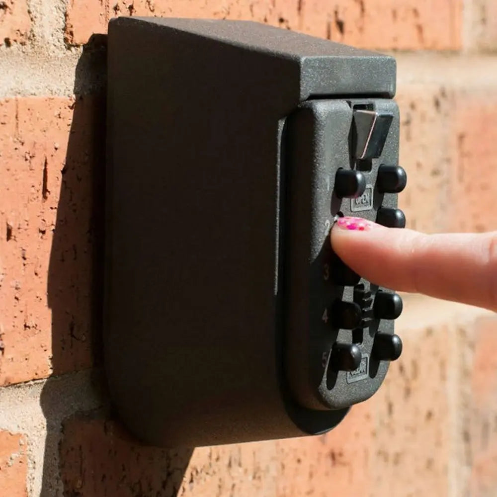 Wall-mounted key safe storage organizer box with combination lock and weatherproof cover, ideal for outdoor home use.