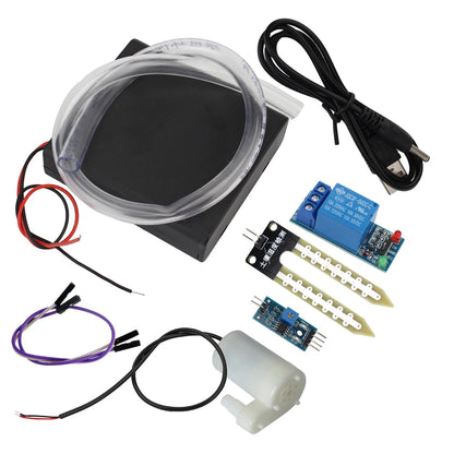 Automatic DIY soil moisture detection water pump module kit for garden drip watering and irrigation systems.