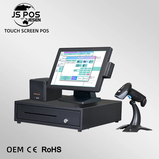 Windows Android POS computer with cash register, 80mm POS printer, and cash drawer for retail transactions.