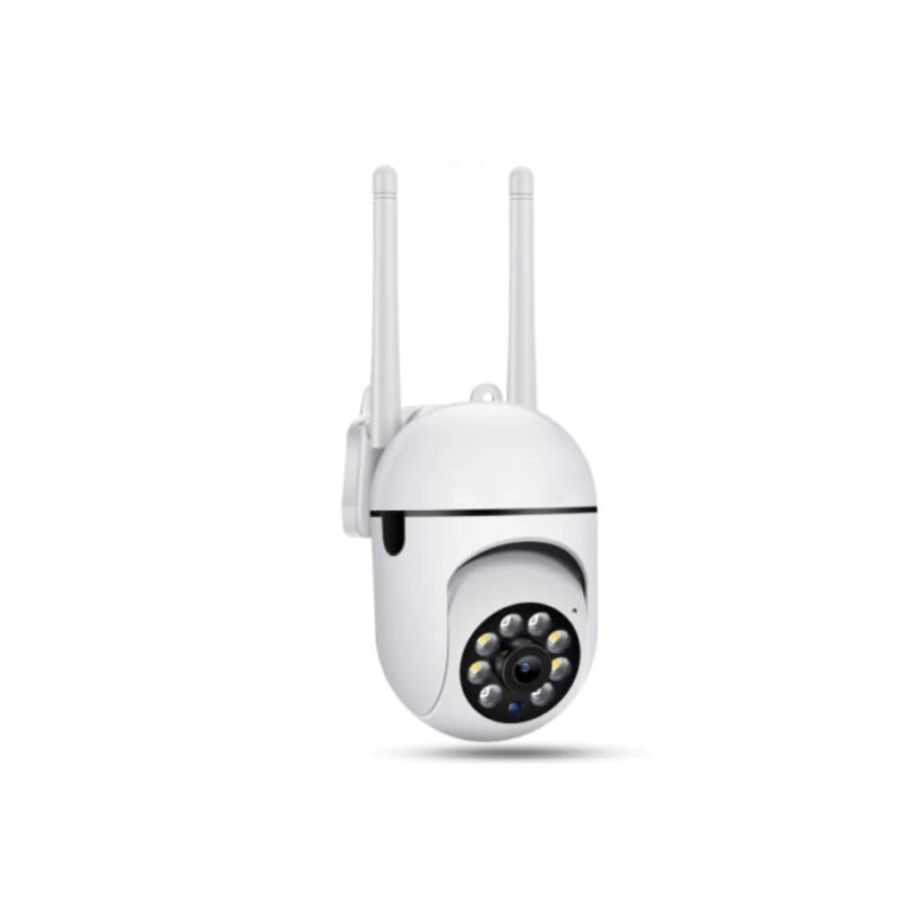 Wireless 360° panoramic security camera by BackupMyFilesNow.com capturing a full room view with sleek design.
