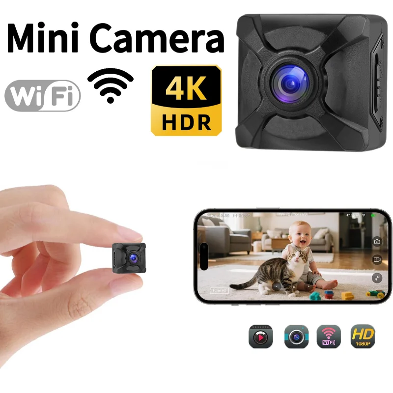 Wireless mini WiFi security HD camera with night vision, motion detection, and long battery life for home safety and monitoring.
