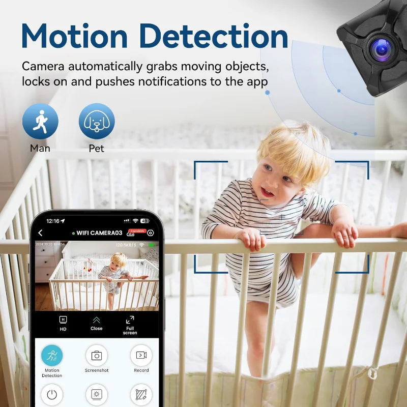 Wireless Mini WiFi Security HD Camera from BackupMyFilesNow.com showing night vision, compact design, and long battery life for home safety.
